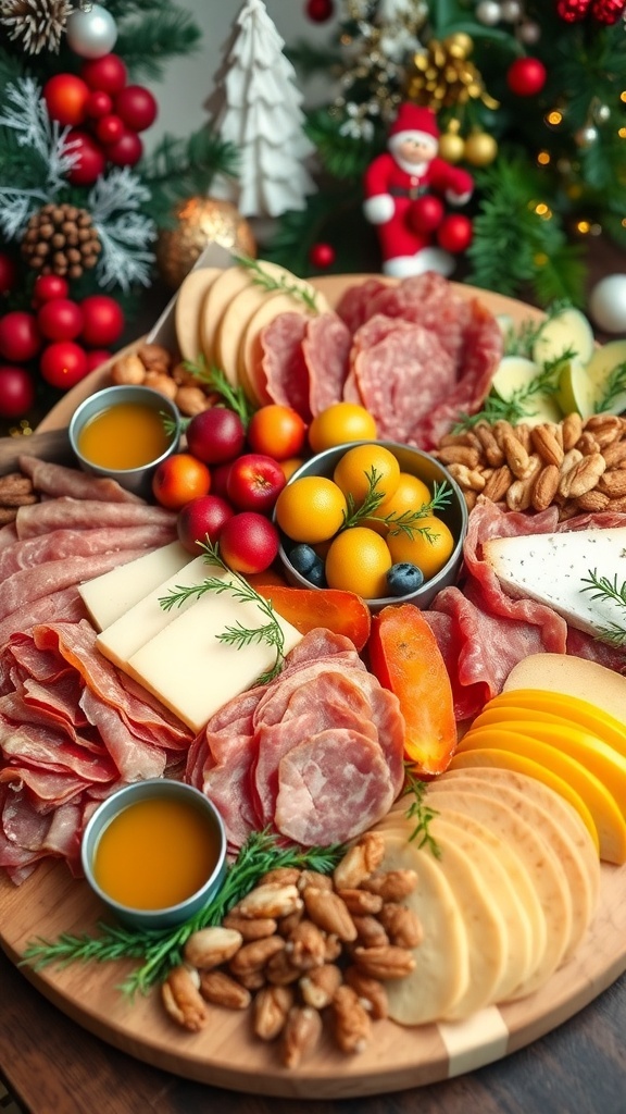 A colorful Christmas charcuterie board with meats, cheeses, fruits, and nuts, garnished with herbs.